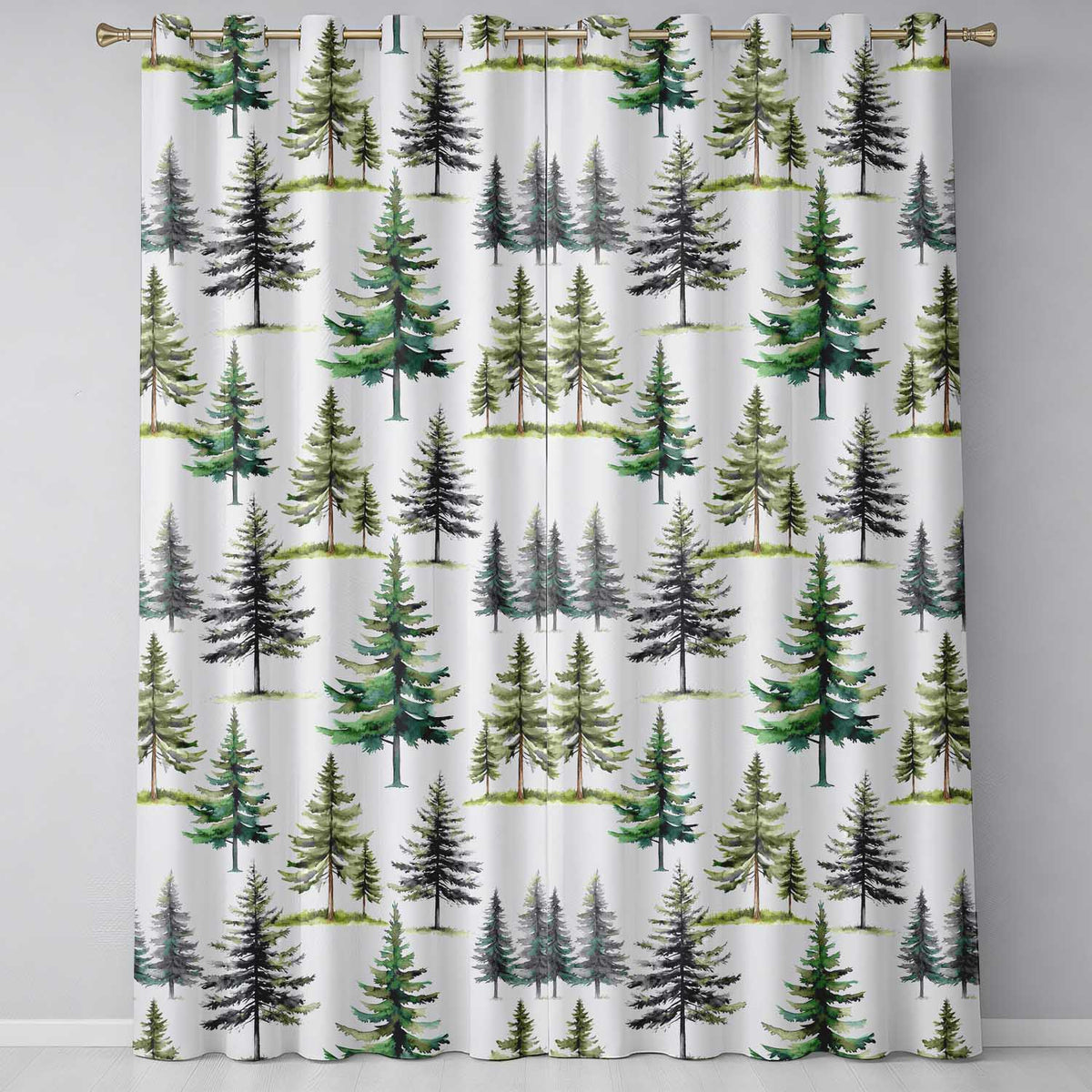 Pine Tree Forest Evergreen Woodland Nature on Soft Blue Seamless Pattern Readymade Eyelet Ring Top Thermal 100% Blackout Curtains