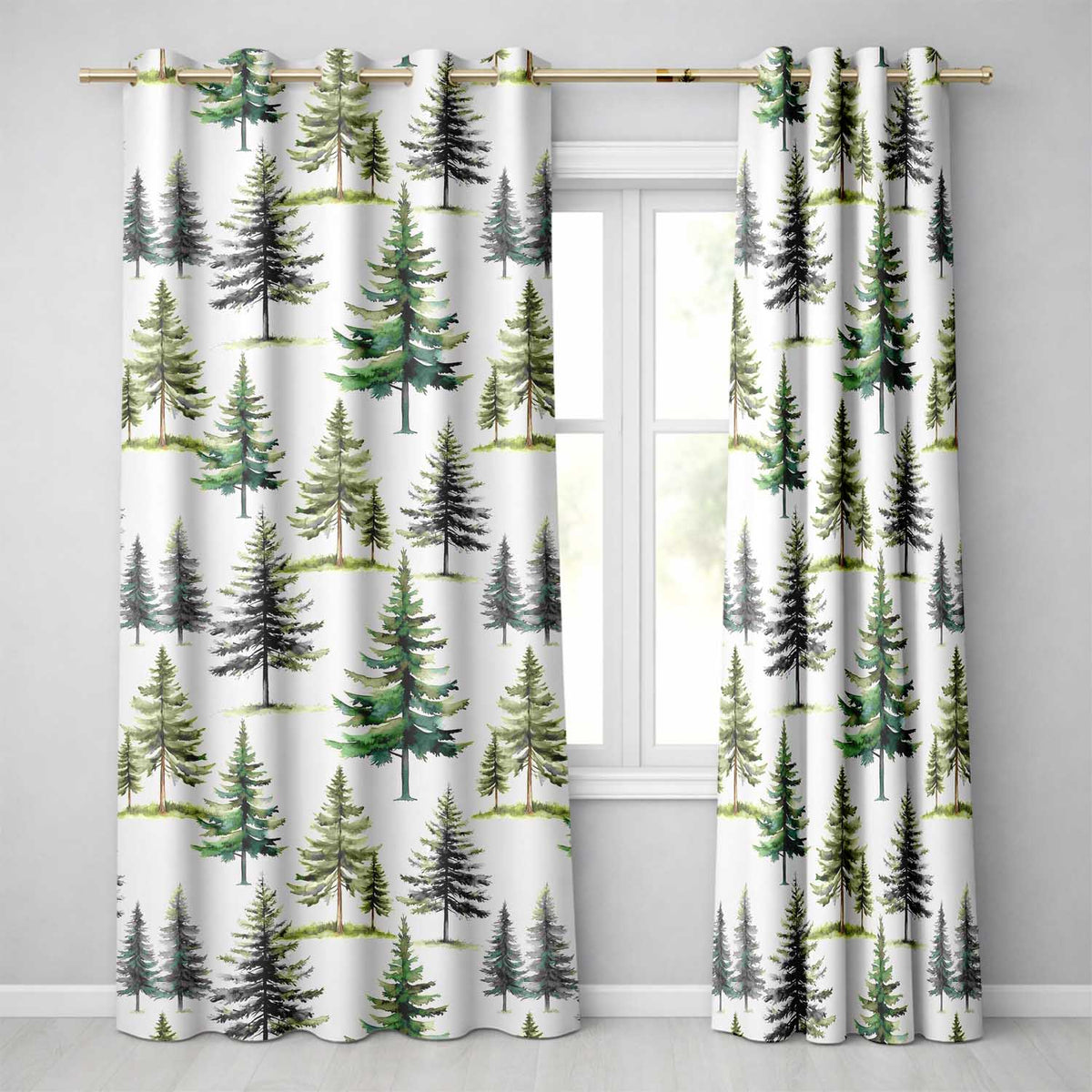 Pine Tree Forest Evergreen Woodland Nature on Sage Green Seamless Pattern Readymade Eyelet Ring Top Thermal 100% Blackout Curtains