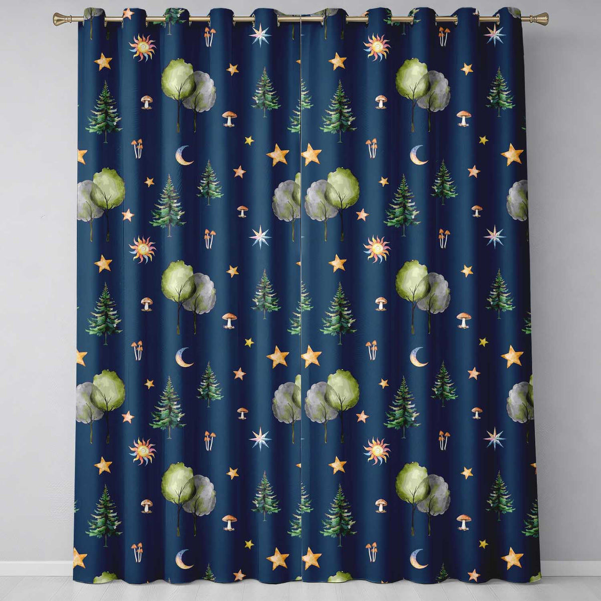 Watercolor Forest Trees Mushrooms Sun Moon Stars on Dark Blue Seamless Pattern Readymade Eyelet Ring Top Thermal 100% Blackout Curtains