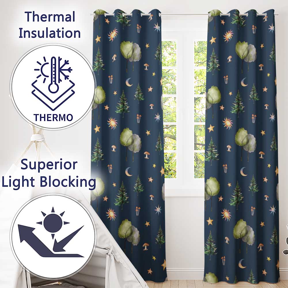 Watercolor Forest Trees Mushrooms Sun Moon Stars on Dark Blue Seamless Pattern Readymade Eyelet Ring Top Thermal 100% Blackout Curtains