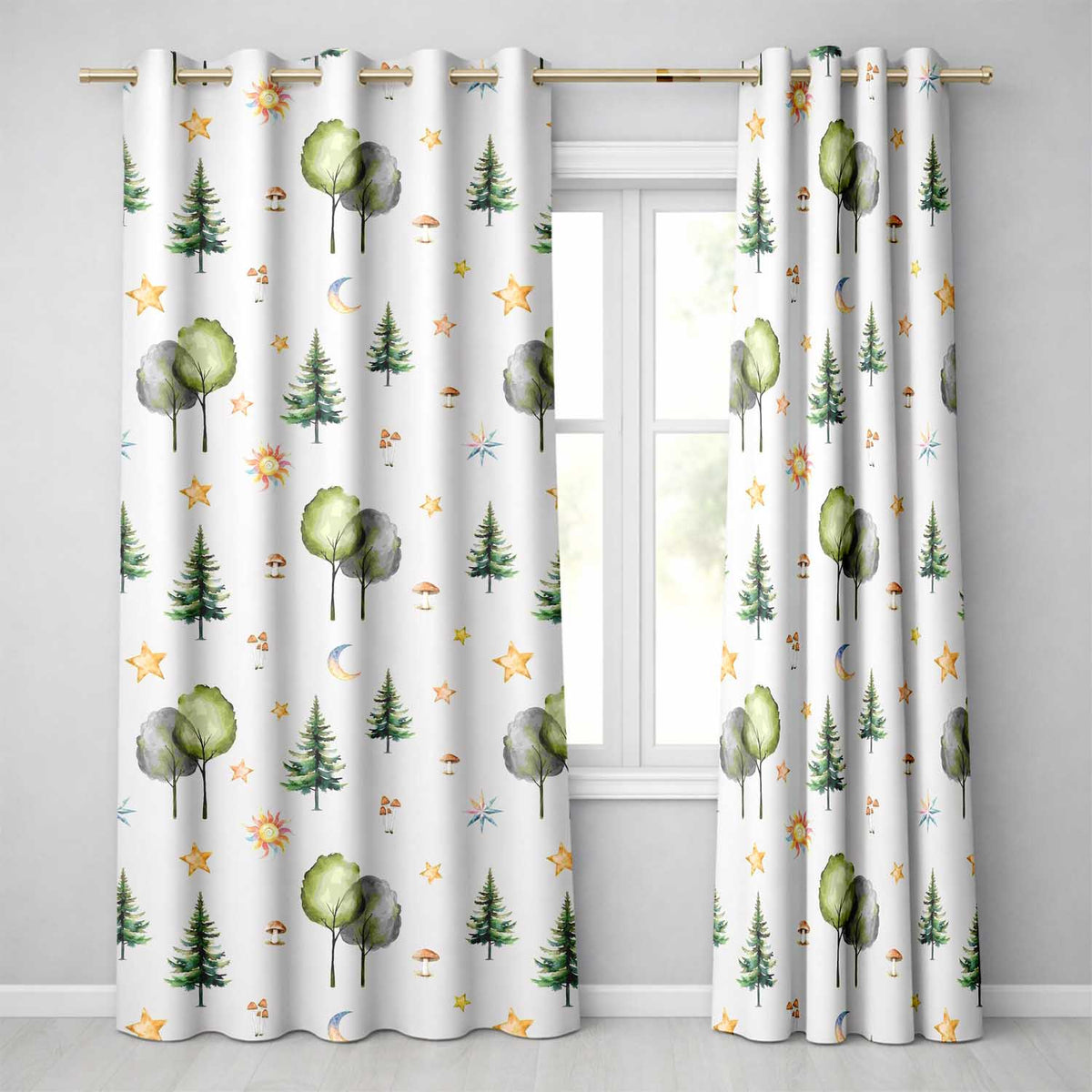 Watercolor Forest Trees Mushrooms Sun Moon Stars on Grey Seamless Pattern Readymade Eyelet Ring Top Thermal 100% Blackout Curtains
