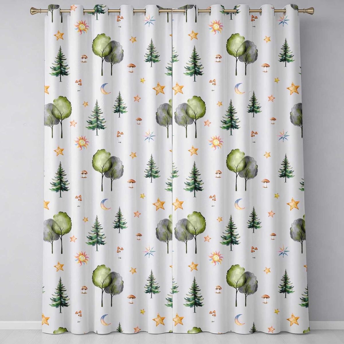Watercolor Forest Trees Mushrooms Sun Moon Stars on Soft Lilac Seamless Pattern Readymade Eyelet Ring Top Thermal 100% Blackout Curtains