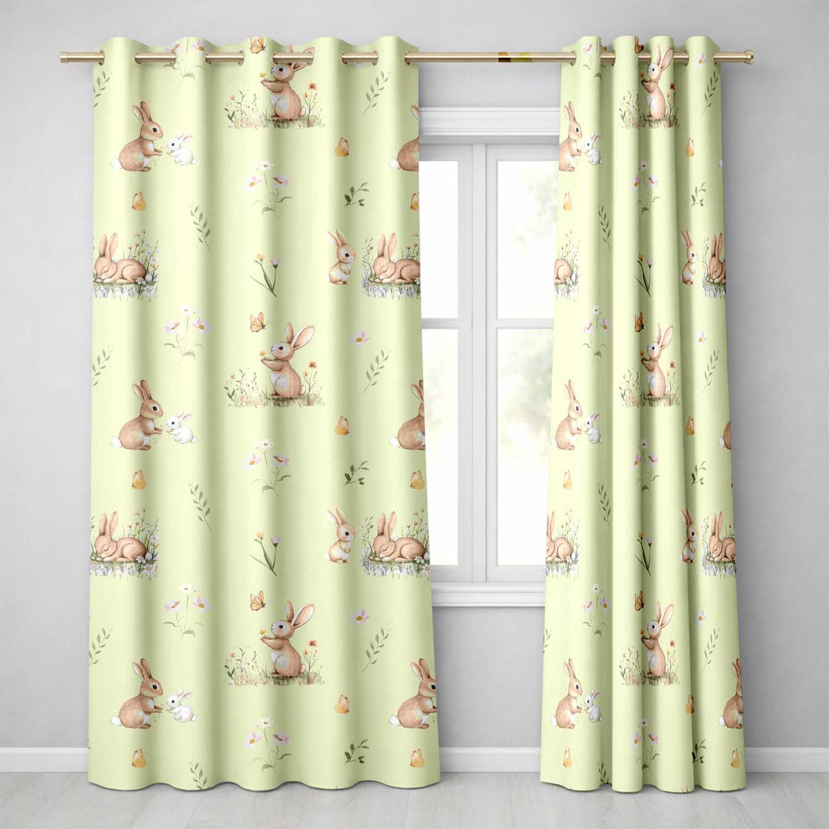 Watercolor Cute Bunny Rabbits Butterflies Wildflowers on Cream Seamless Pattern Readymade Eyelet Ring Top Thermal 100% Blackout Curtains