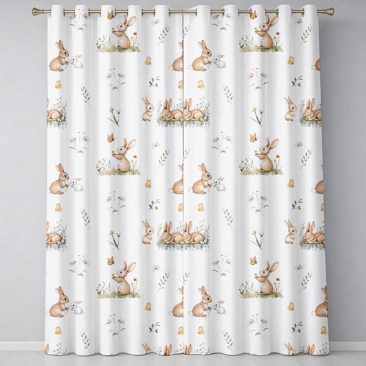 Watercolor Bunny Butterfly Floral Meadow Neutral Tone Pattern Readymade Eyelet Ring Top Thermal 100% Blackout Curtains