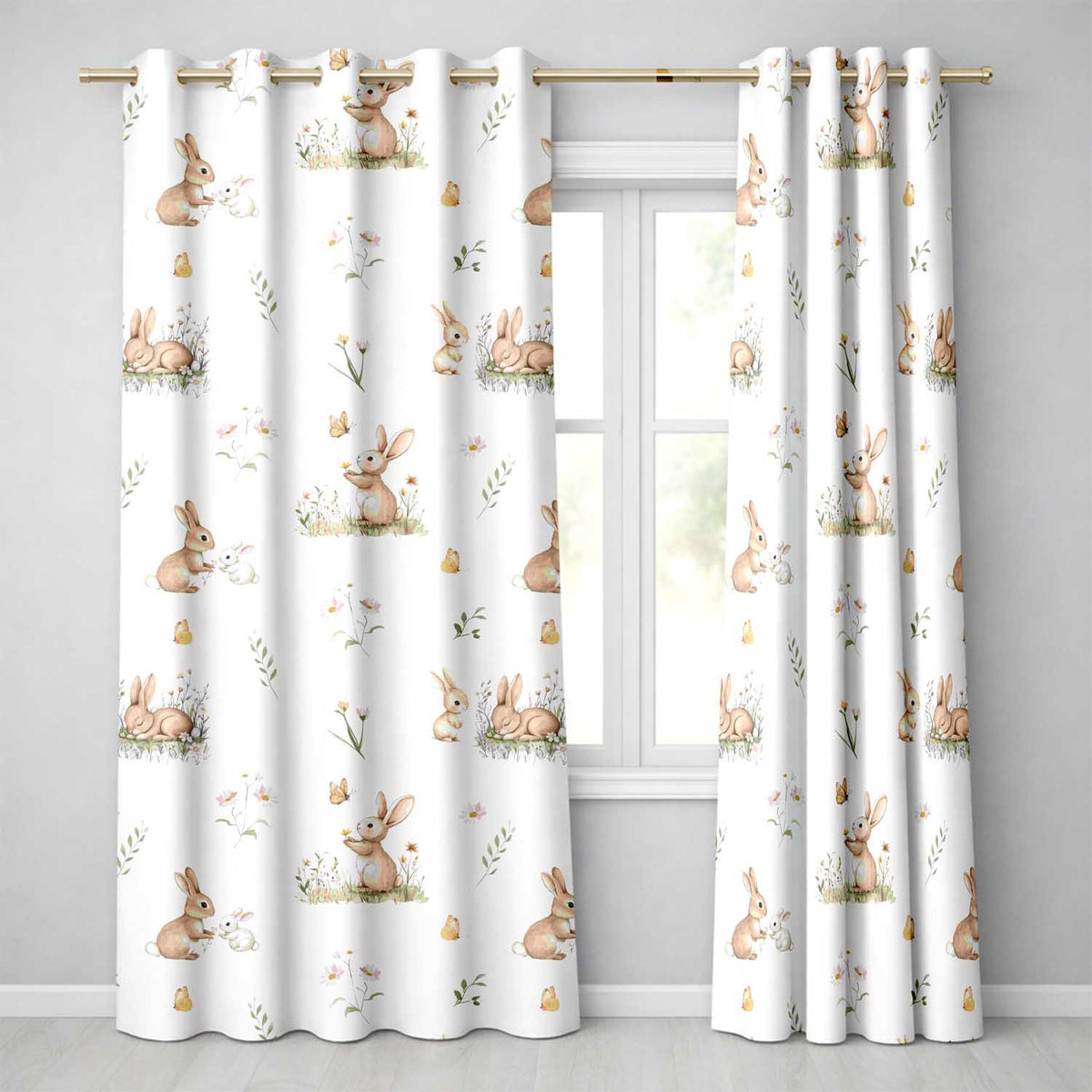 Watercolor Bunny Butterfly Floral Meadow Neutral Tone Pattern Readymade Eyelet Ring Top Thermal 100% Blackout Curtains