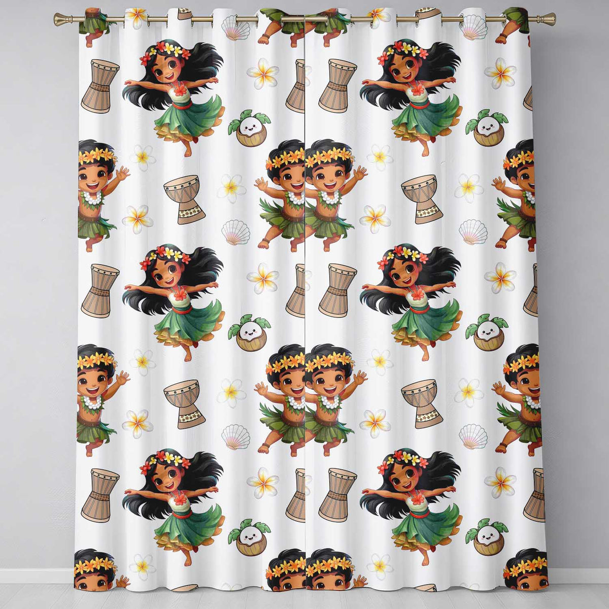 Island Girl Hula Dance Tropical Cute Cartoon Seamless Pattern Kids Readymade Eyelet Ring Top Thermal 100% Blackout Curtains