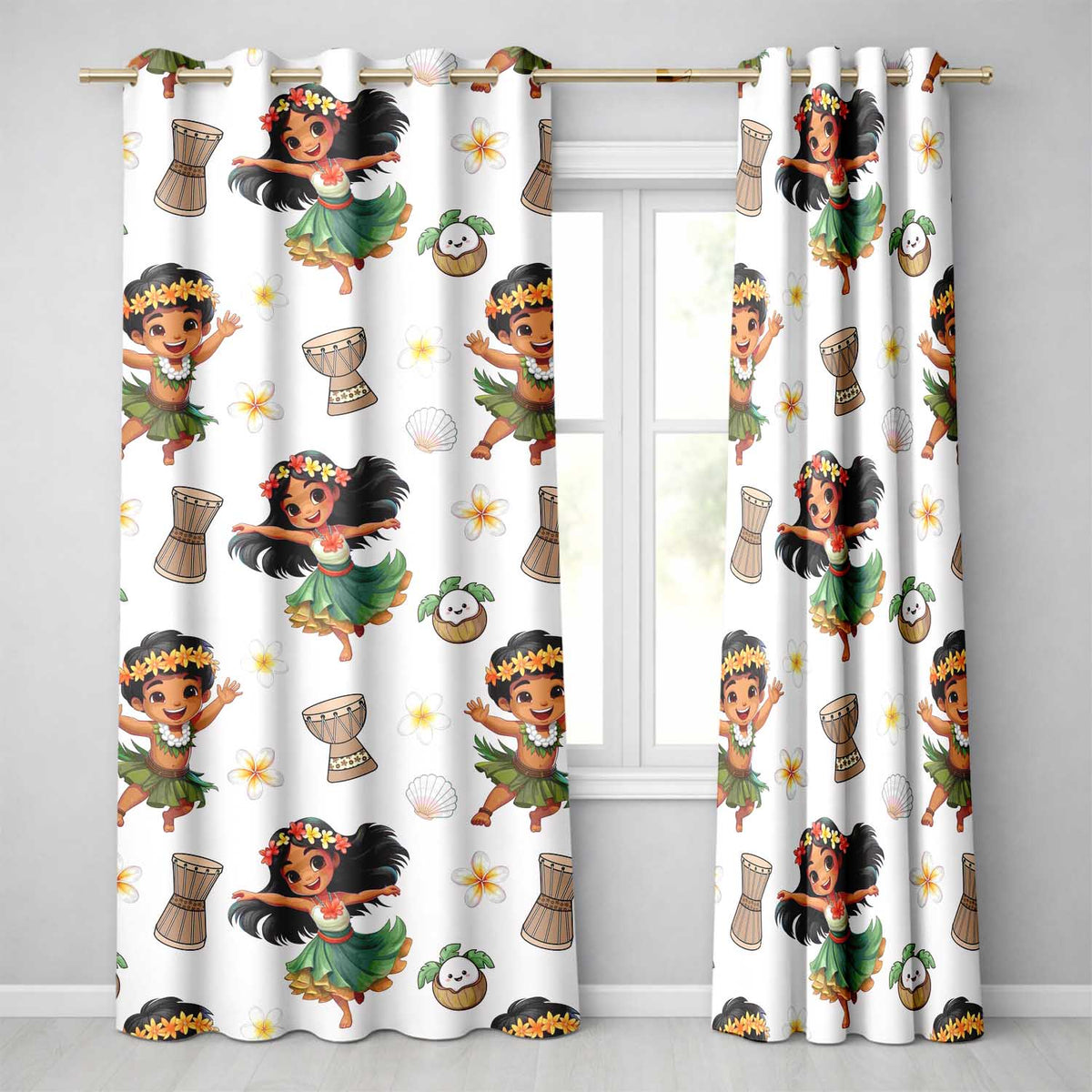 Island Girl Hula Dance Tropical Cute Cartoon Seamless Pattern Kids Readymade Eyelet Ring Top Thermal 100% Blackout Curtains