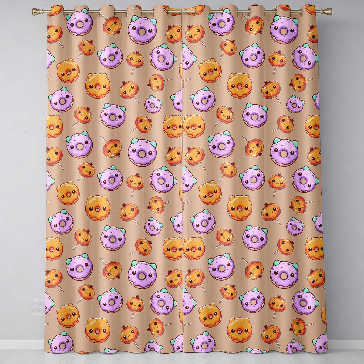 Kawaii Donuts Candy Beige Background Cute Sweet Seamless Pattern Style Readymade Eyelet Ring Top Thermal 100% Blackout Curtains