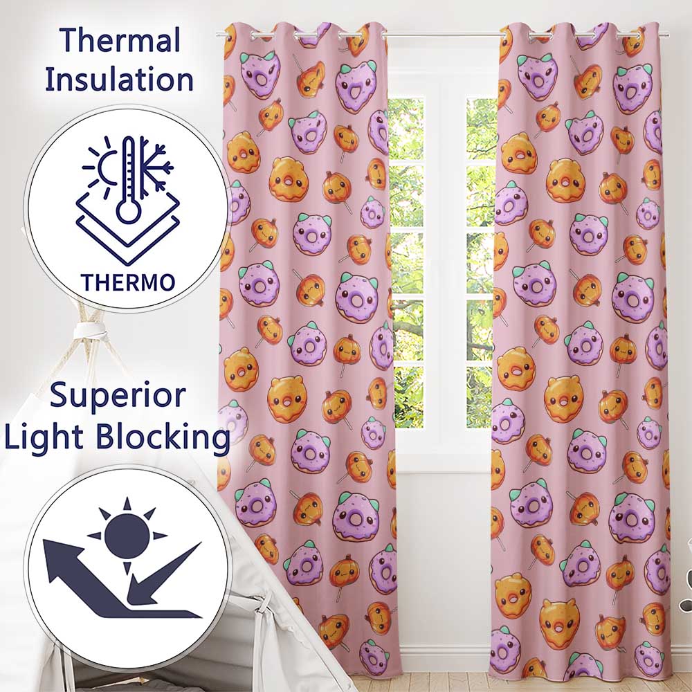 Cute Kawaii Donut Pumpkin Lollipop Pattern Pastel Pink Background Readymade Eyelet Ring Top Thermal 100% Blackout Curtains