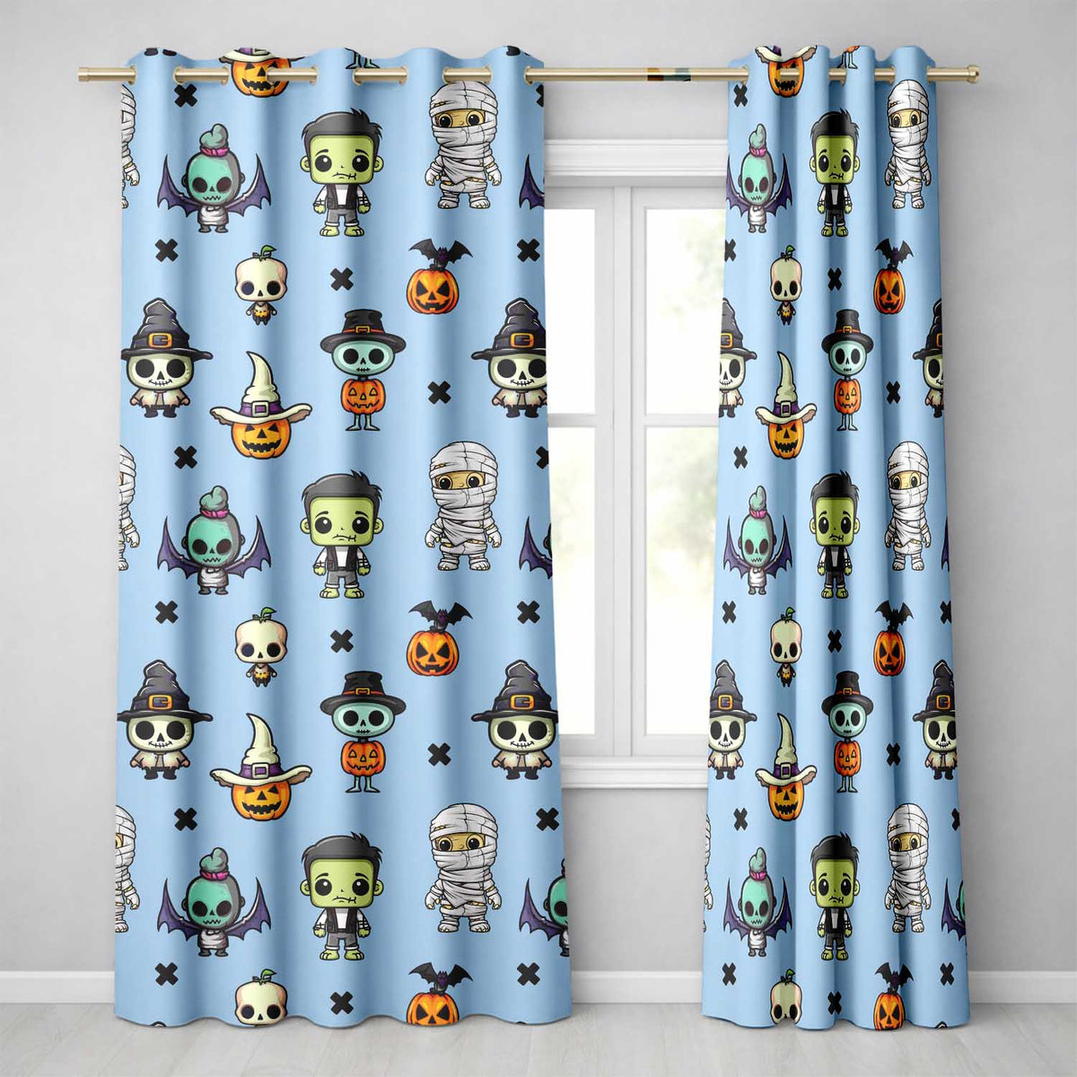 Cute Halloween Characters Mummy Frankenstein Bat Blue Background Seamless Readymade Eyelet Ring Top Thermal 100% Blackout Curtains