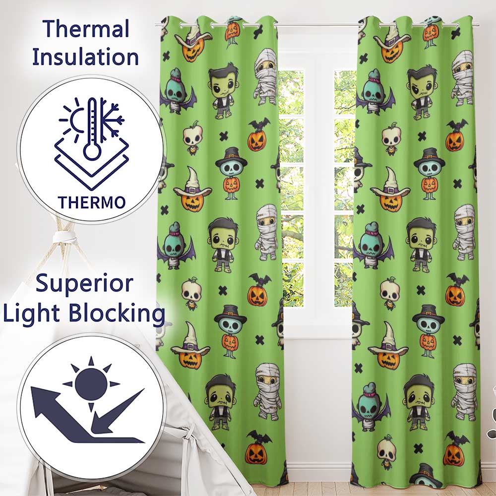 Cute Halloween Characters Mummy Frankenstein Bat Green Background Seamless Readymade Eyelet Ring Top Thermal 100% Blackout Curtains