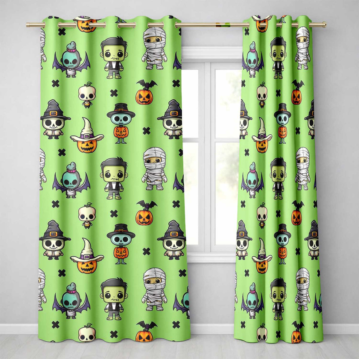 Cute Halloween Characters Mummy Frankenstein Bat Green Background Seamless Readymade Eyelet Ring Top Thermal 100% Blackout Curtains