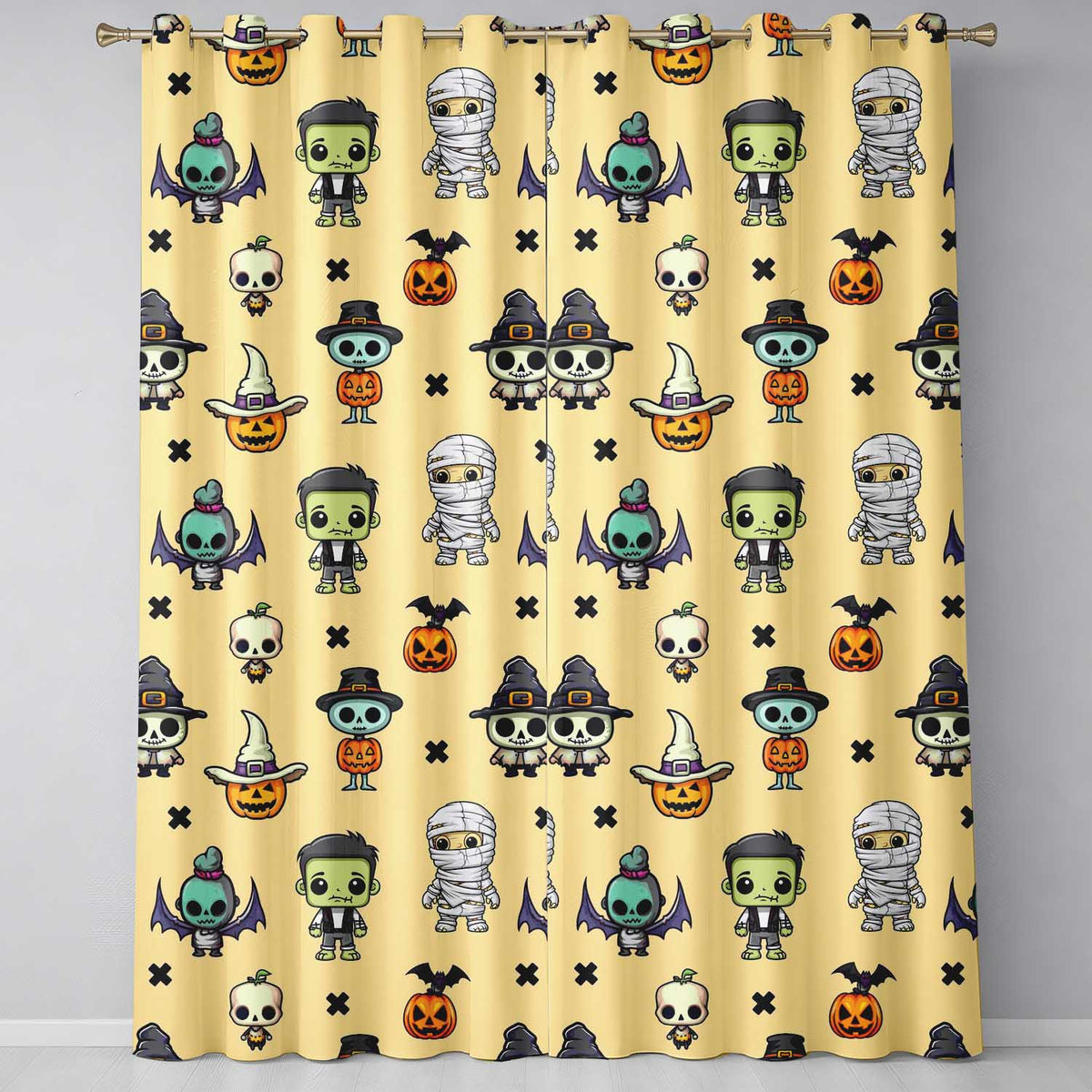 Cute Halloween Characters Mummy Frankenstein Bat Beige Background Seamless Readymade Eyelet Ring Top Thermal 100% Blackout Curtains