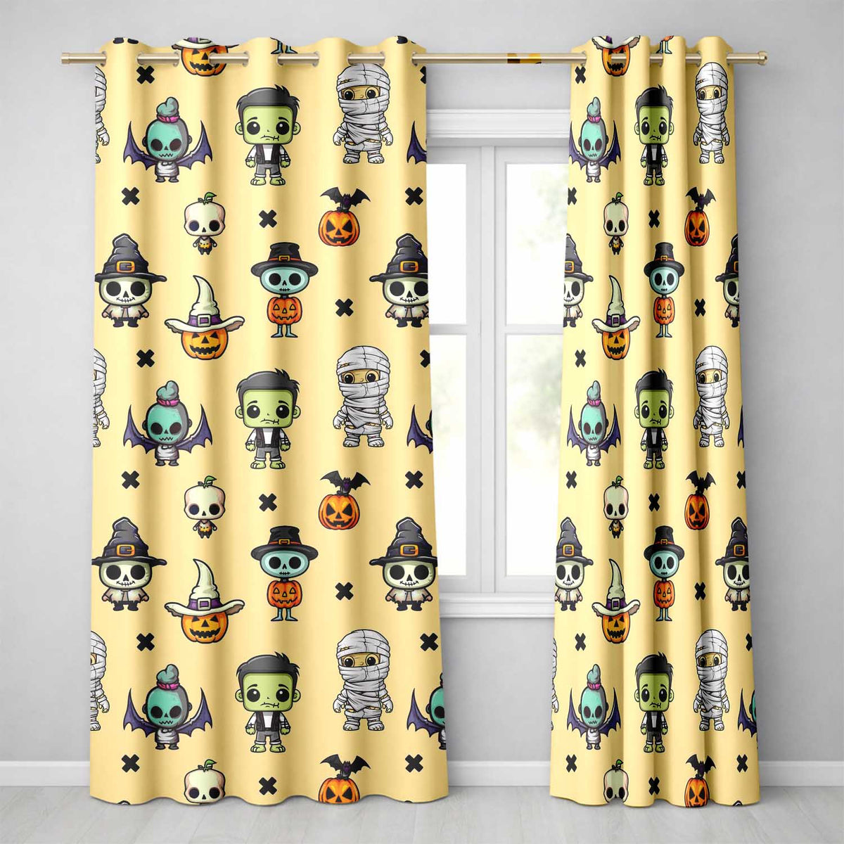 Cute Halloween Characters Mummy Frankenstein Bat Beige Background Seamless Readymade Eyelet Ring Top Thermal 100% Blackout Curtains