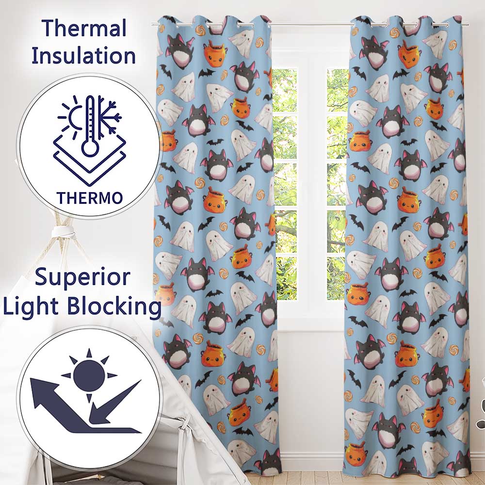 Cute Kawaii Ghost Bat Candy Pumpkin Seamless Pattern Blue Background Readymade Eyelet Ring Top Thermal 100% Blackout Curtains