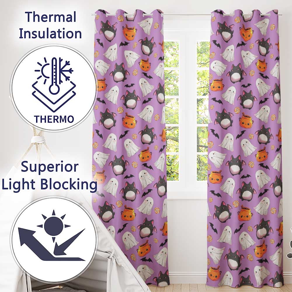 Cute Halloween Ghost Bat Candy Pumpkin Purple Background Seamless Pattern Readymade Eyelet Ring Top Thermal 100% Blackout Curtains