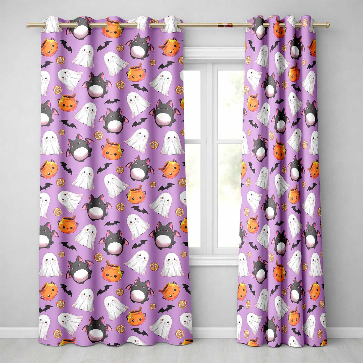 Cute Halloween Ghost Bat Candy Pumpkin Purple Background Seamless Pattern Readymade Eyelet Ring Top Thermal 100% Blackout Curtains