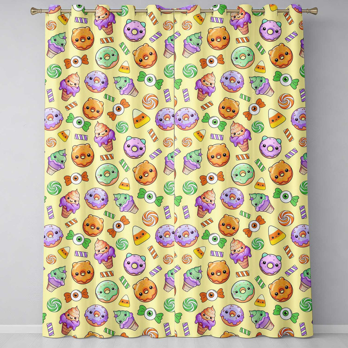 Cute Halloween Sweet Donut Ice Cream Candy Yellow Background Seamless Pattern Readymade Eyelet Ring Top Thermal 100% Blackout Curtains