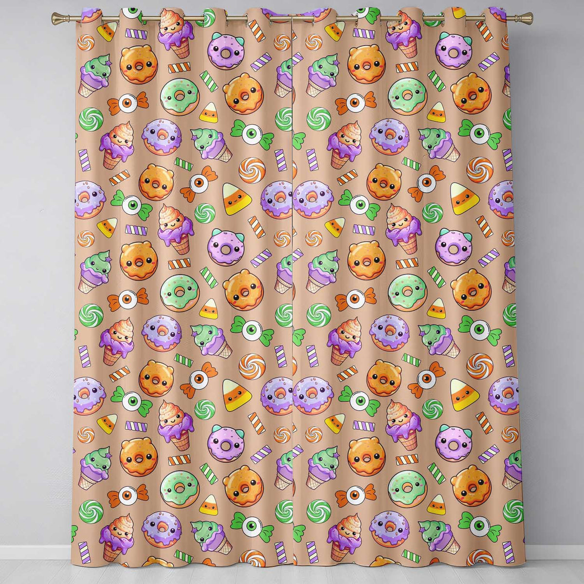 Cute Halloween Sweet Donut Ice Cream Candy Beige Background Seamless Pattern Readymade Eyelet Ring Top Thermal 100% Blackout Curtains