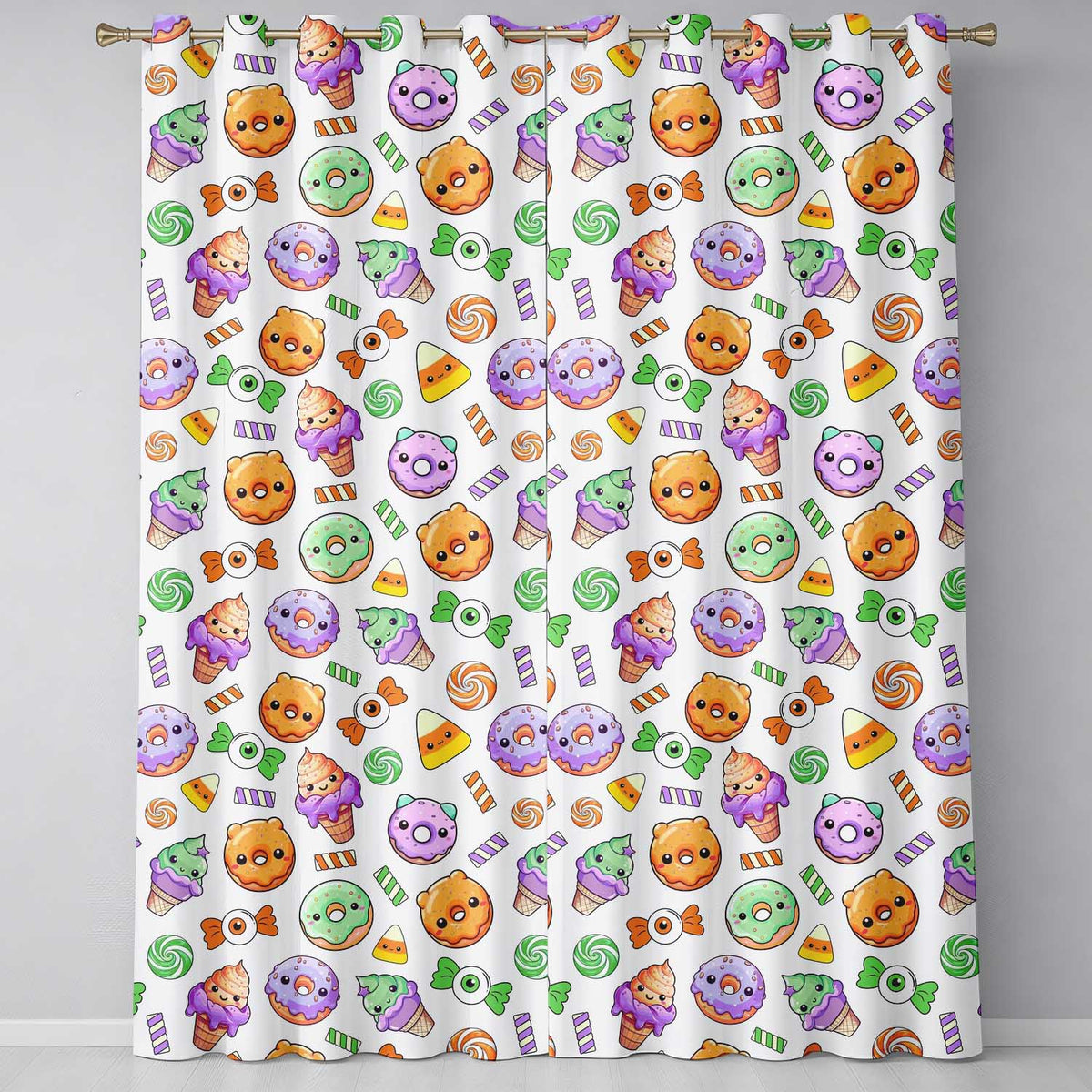 Cute Halloween Donut Candy Ice Cream Kawaii Seamless Pattern White Background Readymade Eyelet Ring Top Thermal 100% Blackout Curtains