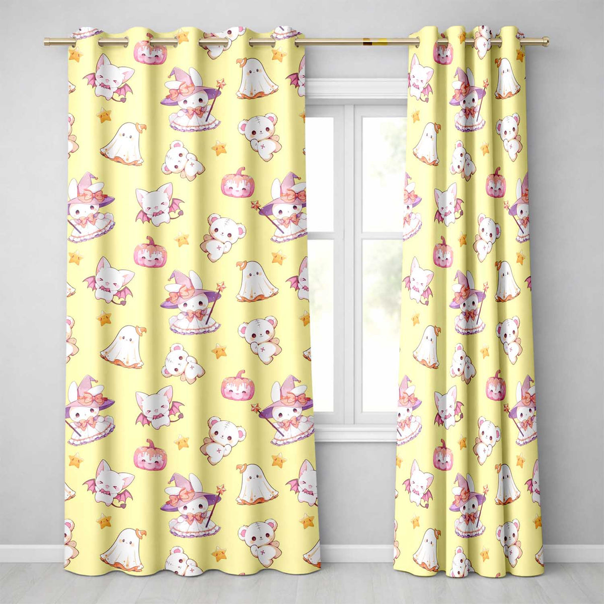 Cute Halloween Bunny Witch Teddy Pumpkin Seamless Pattern Yellow Background Readymade Eyelet Ring Top Thermal 100% Blackout Curtains