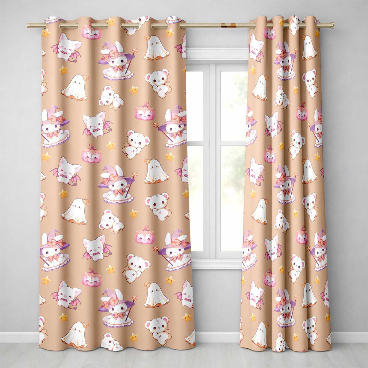 Cute Halloween Bunny Witch Teddy Pumpkin Seamless Pattern Peach Background Readymade Eyelet Ring Top Thermal 100% Blackout Curtains
