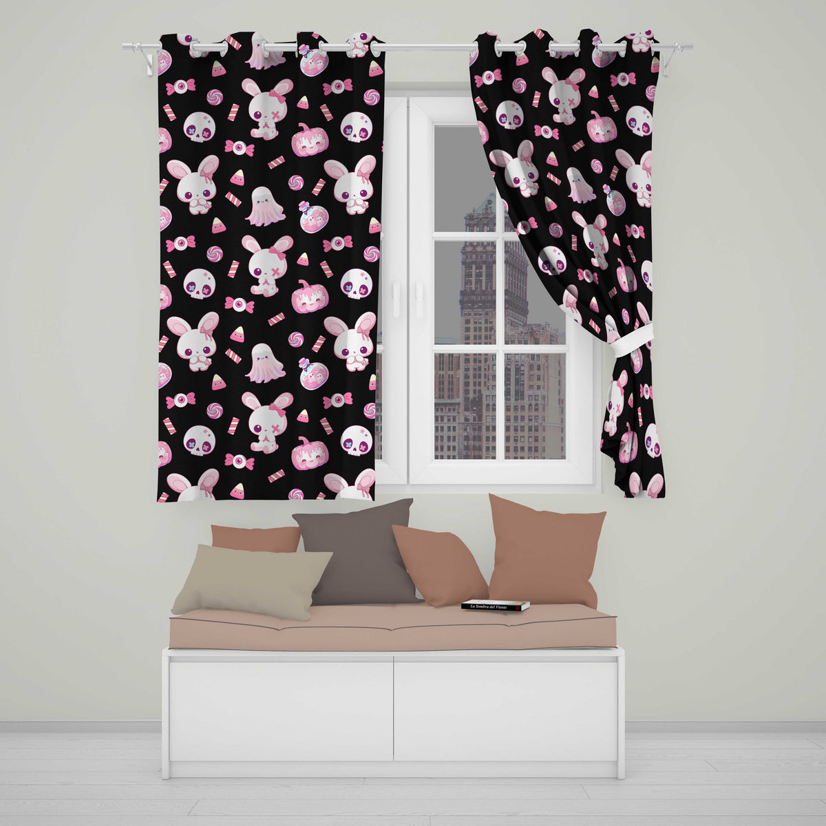 Kawaii Halloween Bunny Ghost Candy Pumpkin Seamless Pattern Black Background Readymade Eyelet Ring Top Thermal 100% Blackout Curtains