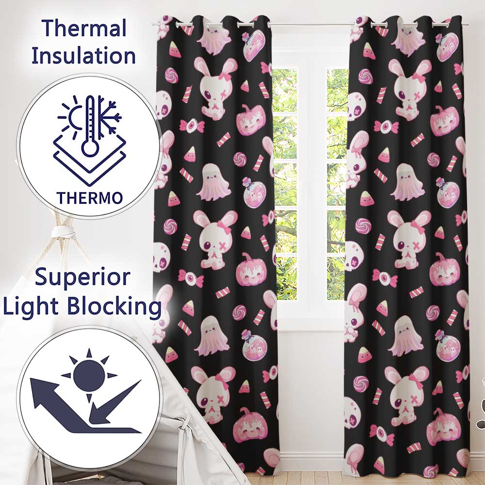 Kawaii Halloween Bunny Ghost Candy Pumpkin Seamless Pattern Black Background Readymade Eyelet Ring Top Thermal 100% Blackout Curtains