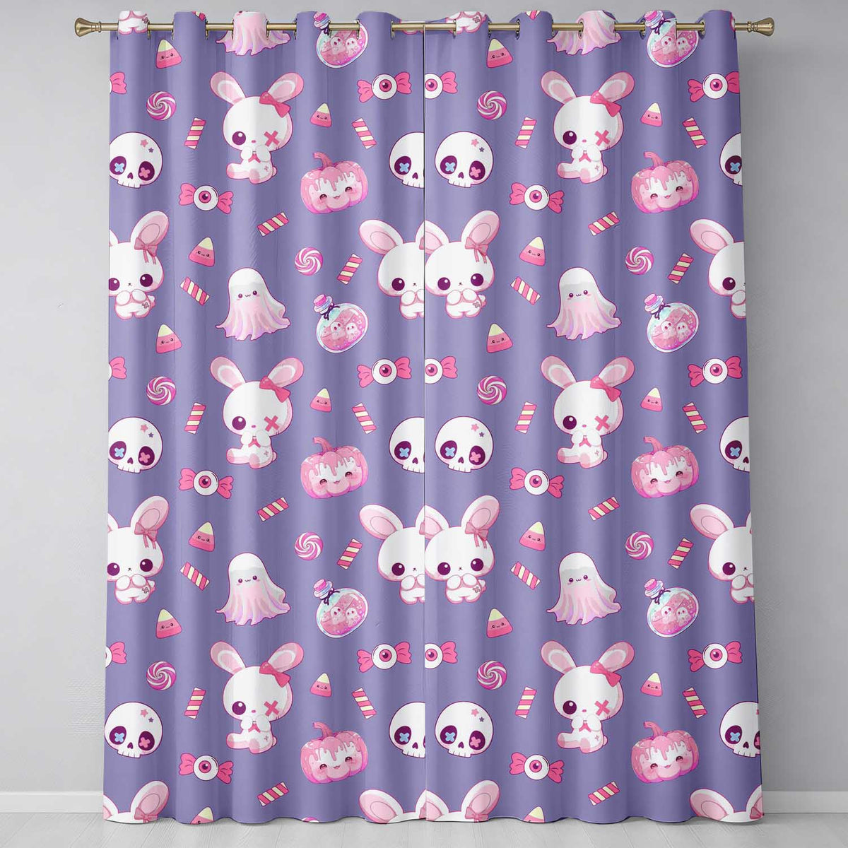 Kawaii Halloween Bunny Ghost Candy Pumpkin Seamless Pattern Purple Background Readymade Eyelet Ring Top Thermal 100% Blackout Curtains