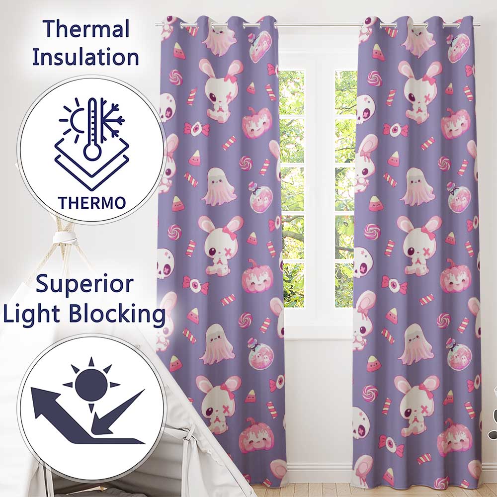 Kawaii Halloween Bunny Ghost Candy Pumpkin Seamless Pattern Purple Background Readymade Eyelet Ring Top Thermal 100% Blackout Curtains