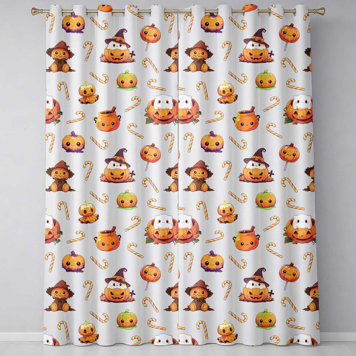 Cute Kawaii Halloween Pumpkin Witch Candy Seamless Pattern Cream Background Readymade Eyelet Ring Top Thermal 100% Blackout Curtains