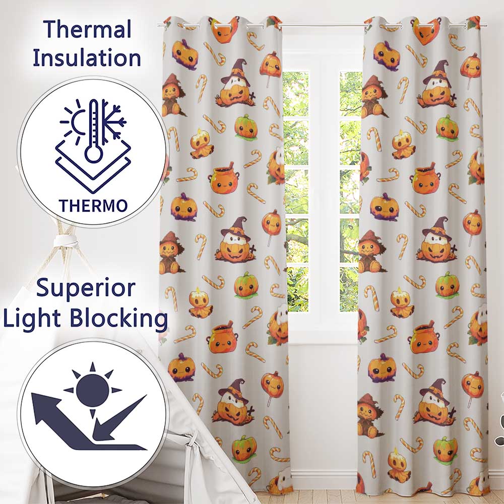 Cute Kawaii Halloween Pumpkin Witch Candy Seamless Pattern Cream Background Readymade Eyelet Ring Top Thermal 100% Blackout Curtains