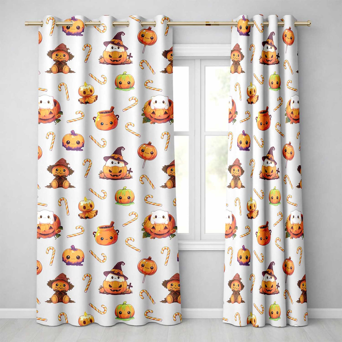 Cute Kawaii Halloween Pumpkin Witch Candy Seamless Pattern Cream Background Readymade Eyelet Ring Top Thermal 100% Blackout Curtains