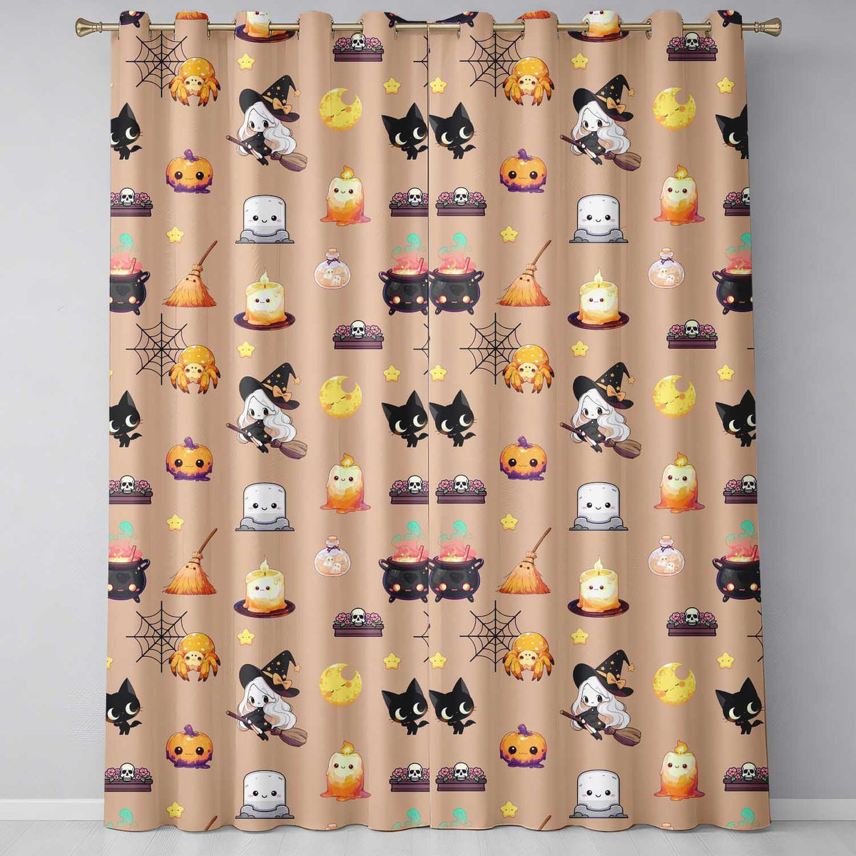 Cute Kawaii Halloween Witch Pumpkin Spider Seamless Pattern Peach Background Readymade Eyelet Ring Top Thermal 100% Blackout Curtains