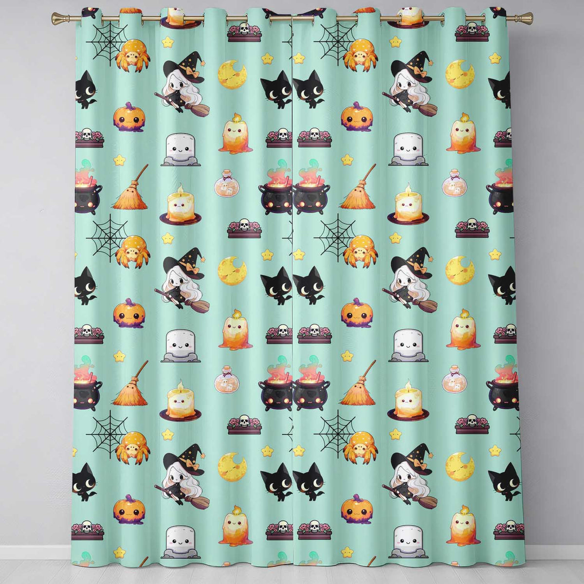 Cute Kawaii Halloween Witch Pumpkin Spider Seamless Pattern Teal Background Readymade Eyelet Ring Top Thermal 100% Blackout Curtains