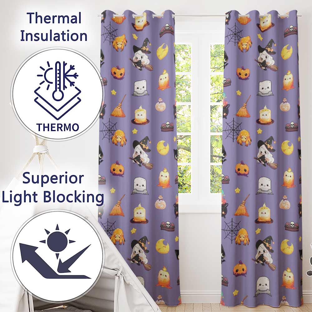 Cute Kawaii Halloween Witch Pumpkin Spider Seamless Pattern Purple Background Readymade Eyelet Ring Top Thermal 100% Blackout Curtains
