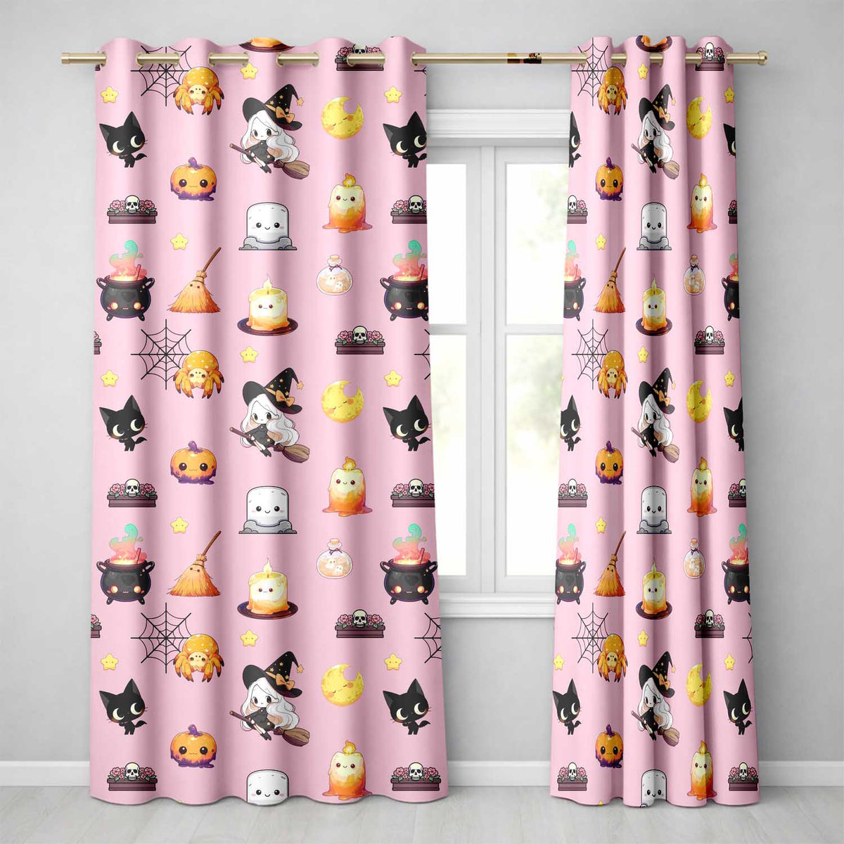 Cute Kawaii Halloween Witch Pumpkin Spider Seamless Pattern Rose Background Readymade Eyelet Ring Top Thermal 100% Blackout Curtains