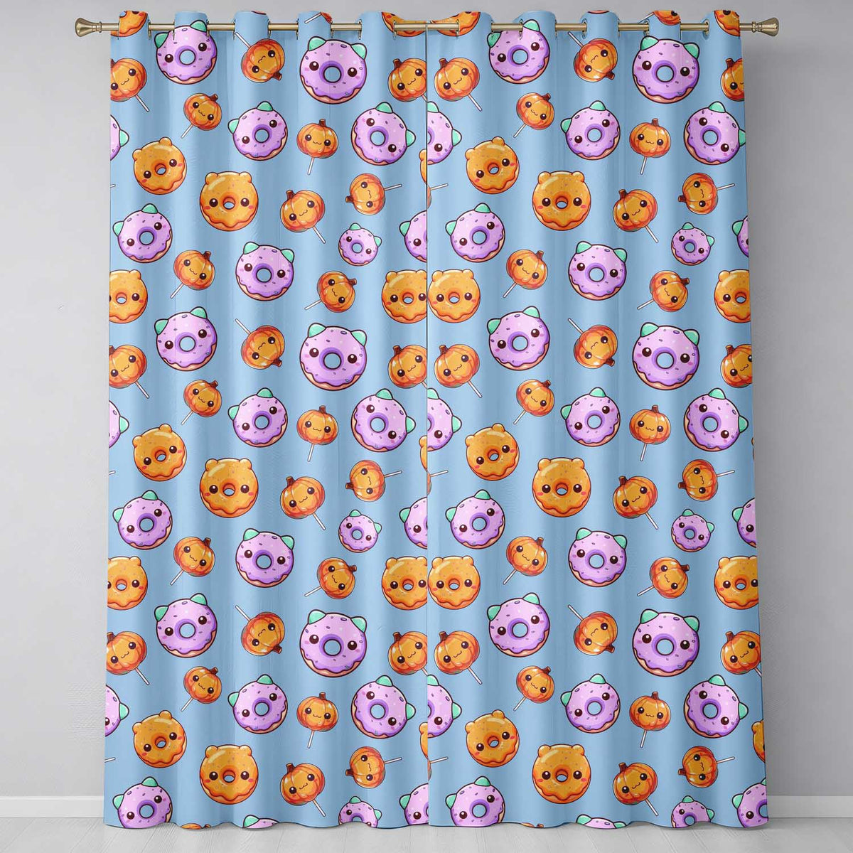 Cute Halloween Donuts Pumpkin Lollipop Seamless Pattern Blue Background Readymade Eyelet Ring Top Thermal 100% Blackout Curtains
