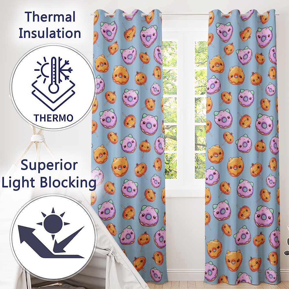 Cute Halloween Donuts Pumpkin Lollipop Seamless Pattern Blue Background Readymade Eyelet Ring Top Thermal 100% Blackout Curtains