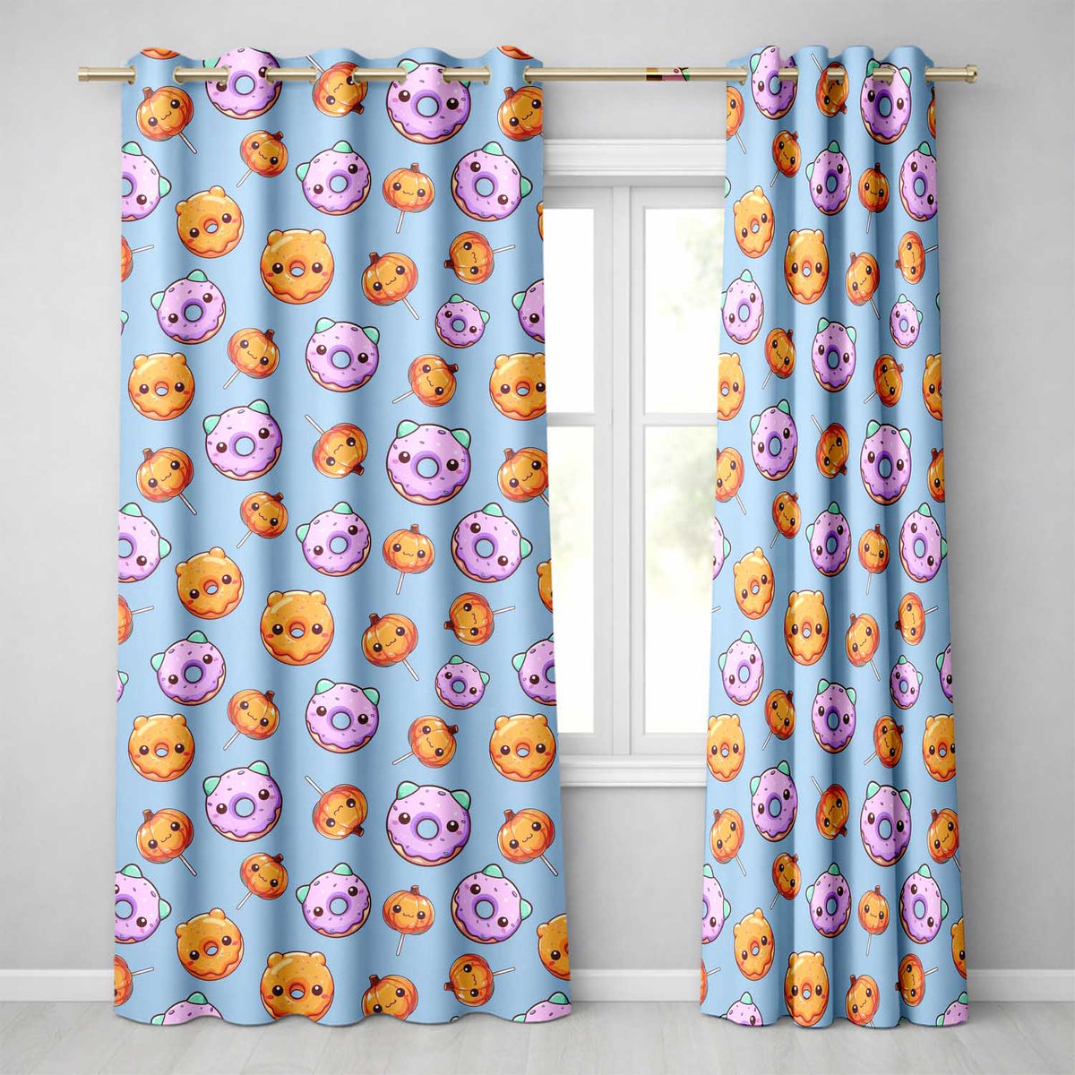 Cute Halloween Donuts Pumpkin Lollipop Seamless Pattern Blue Background Readymade Eyelet Ring Top Thermal 100% Blackout Curtains
