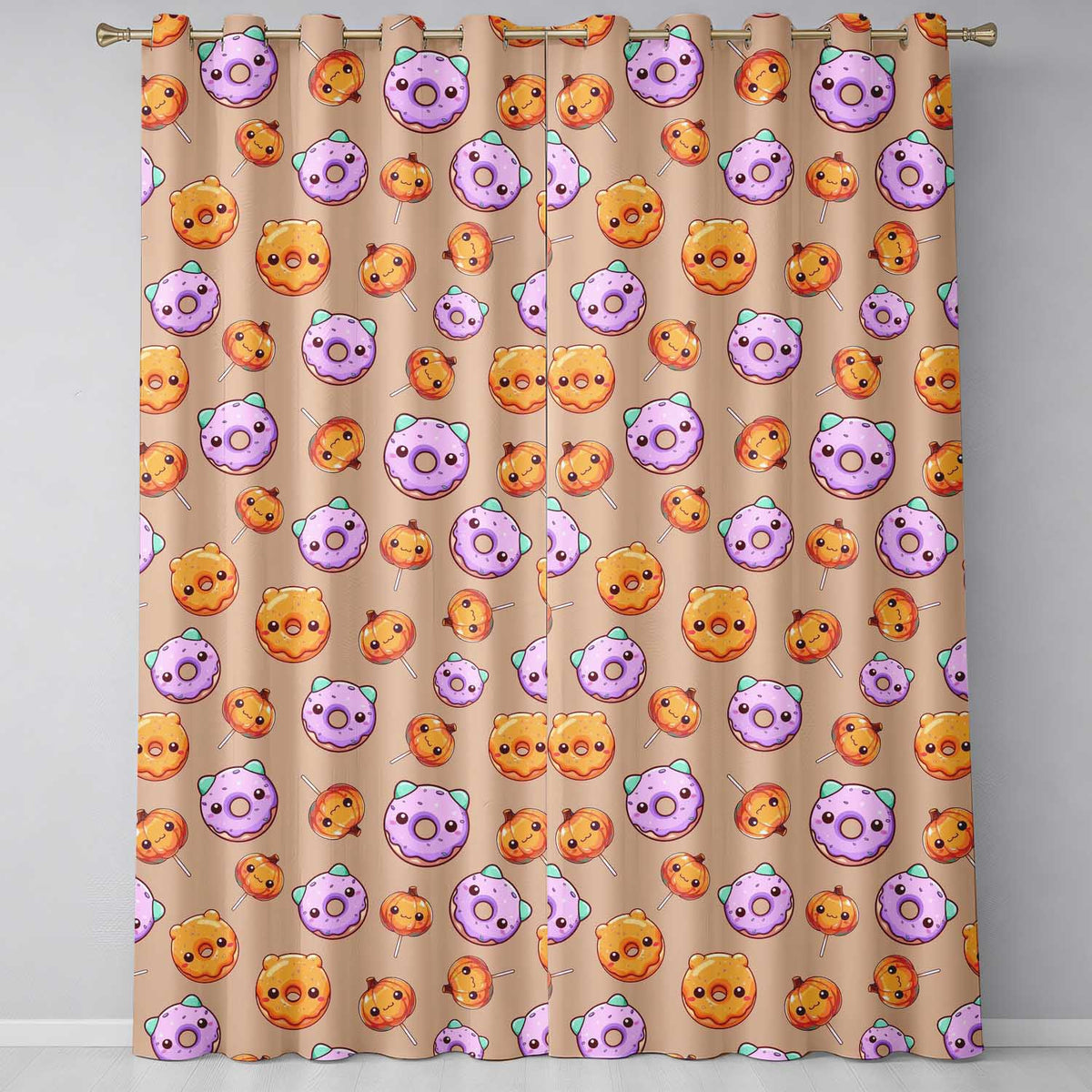 Cute Halloween Donuts Pumpkin Lollipop Seamless Pattern Peach Background Readymade Eyelet Ring Top Thermal 100% Blackout Curtains