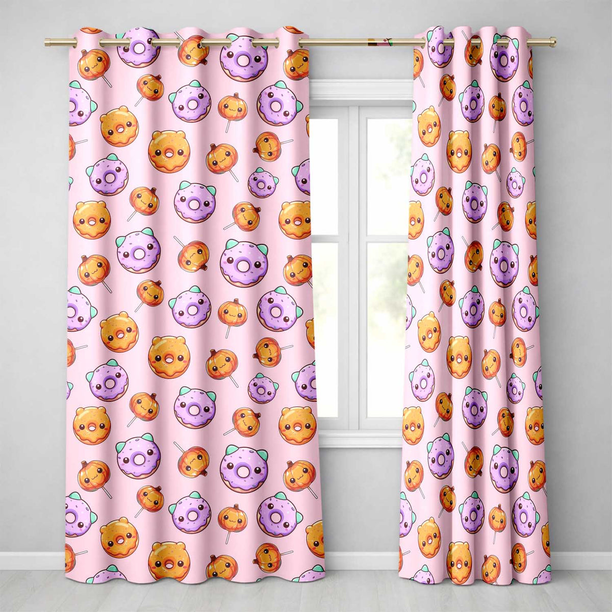 Cute Halloween Donuts Pumpkin Lollipop Seamless Pattern Soft Pink Background Readymade Eyelet Ring Top Thermal 100% Blackout Curtains