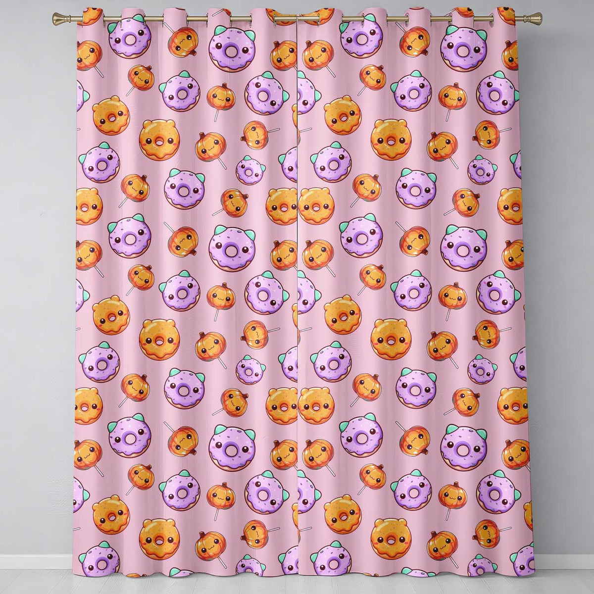 Cute Halloween Donuts Pumpkin Lollipop Seamless Pattern Blush Pink Background Readymade Eyelet Ring Top Thermal 100% Blackout Curtains