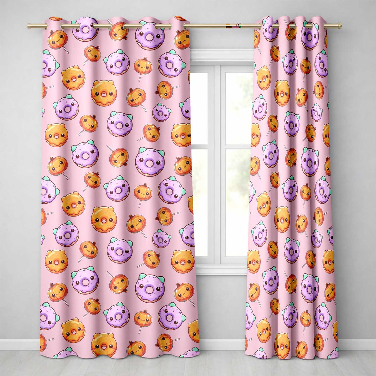 Cute Halloween Donuts Pumpkin Lollipop Seamless Pattern Blush Pink Background Readymade Eyelet Ring Top Thermal 100% Blackout Curtains