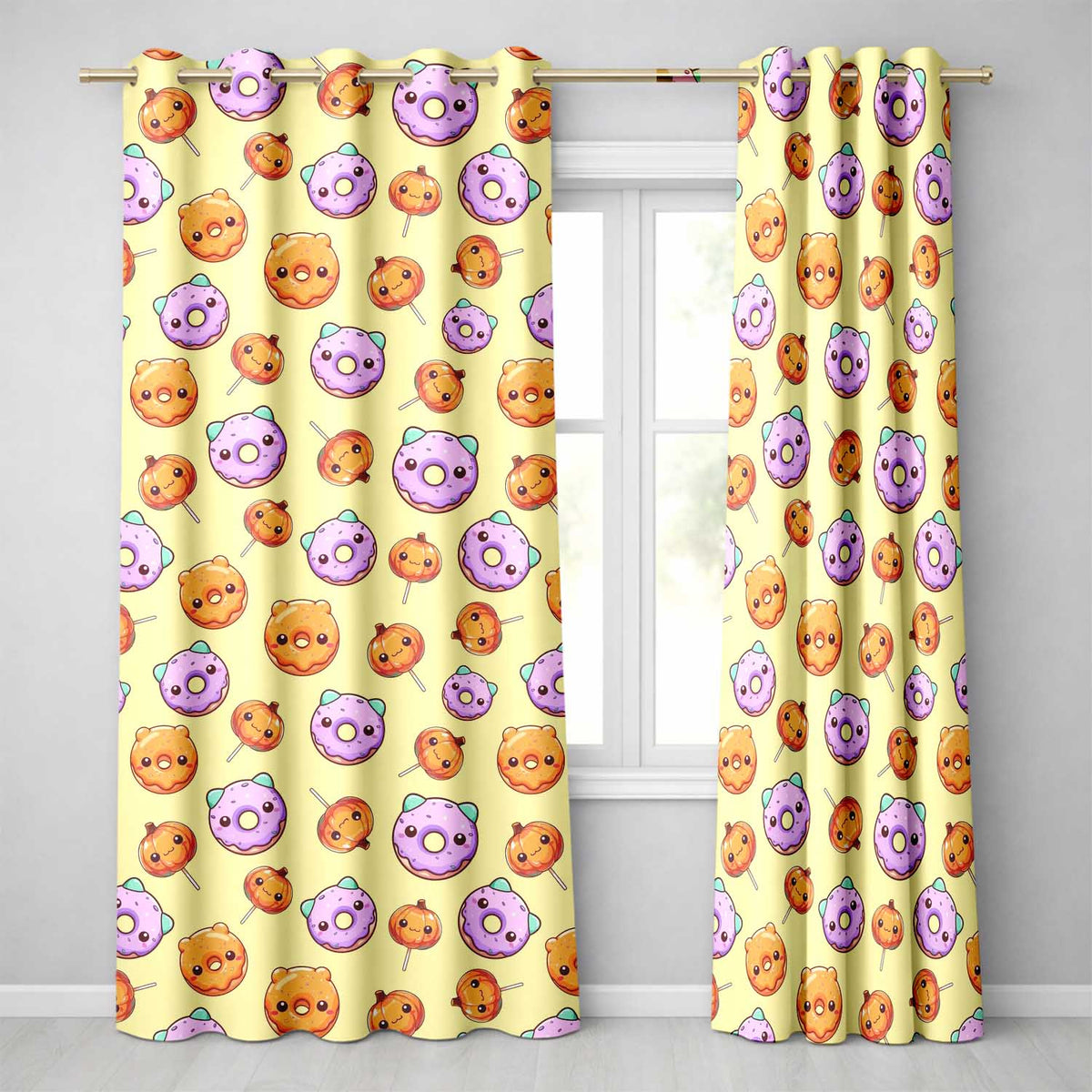 Cute Halloween Donuts Pumpkin Lollipop Seamless Pattern Yellow Background Readymade Eyelet Ring Top Thermal 100% Blackout Curtains