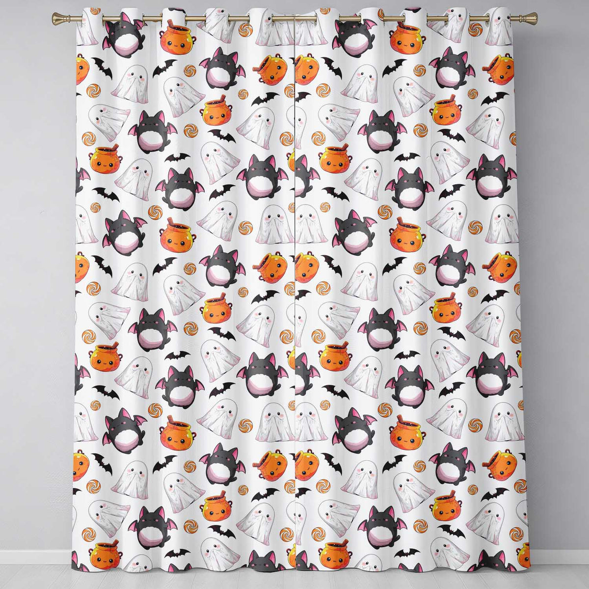 Cute Kawaii Halloween Ghost Bat Candy Pumpkin Seamless Pattern Cream Background Readymade Eyelet Ring Top Thermal 100% Blackout Curtains