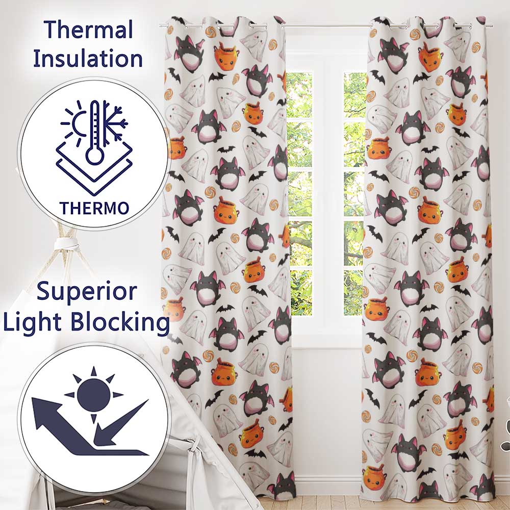 Cute Kawaii Halloween Ghost Bat Candy Pumpkin Seamless Pattern Cream Background Readymade Eyelet Ring Top Thermal 100% Blackout Curtains