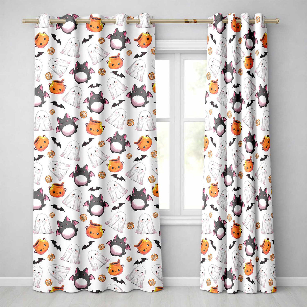 Cute Kawaii Halloween Ghost Bat Candy Pumpkin Seamless Pattern Cream Background Readymade Eyelet Ring Top Thermal 100% Blackout Curtains