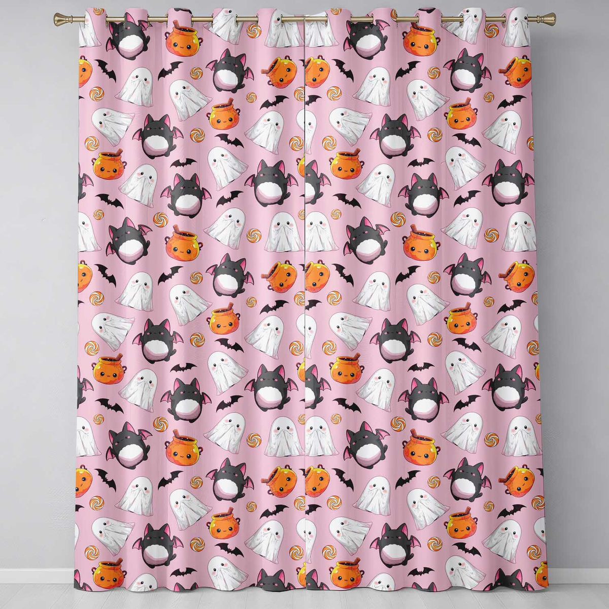 Cute Kawaii Halloween Ghost Bat Candy Pumpkin Seamless Pattern Pink Background Readymade Eyelet Ring Top Thermal 100% Blackout Curtains