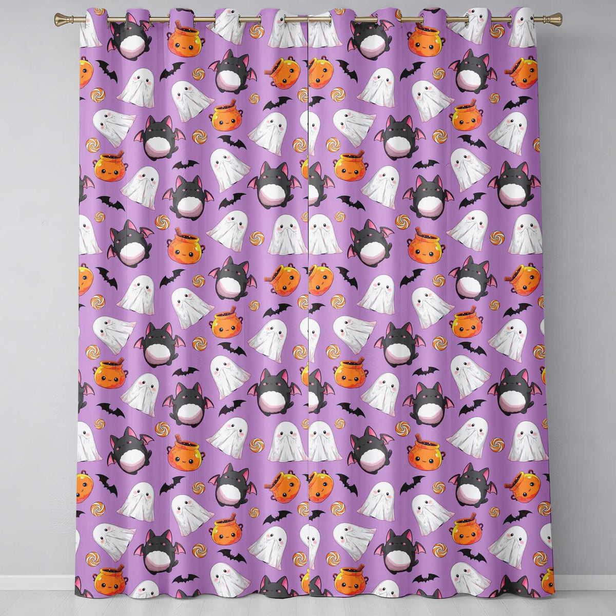 Kawaii Halloween Ghost Bat Candy Pumpkin Seamless Pattern Purple Background Readymade Eyelet Ring Top Thermal 100% Blackout Curtains